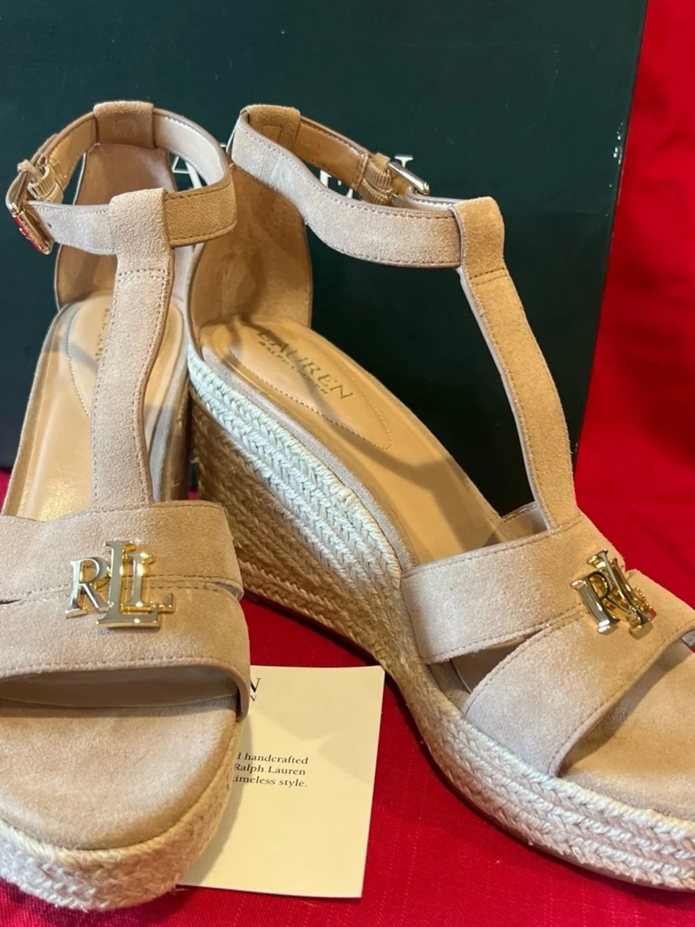 Ralph Lauren Beige Suede Wedge Espadrille Sandals with Gold RL Hardware 10B
